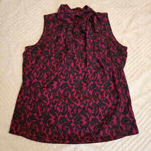 New York & Co Women's Size Medium Sleeveless Blouse Pink‎ Black Lace Print Bow